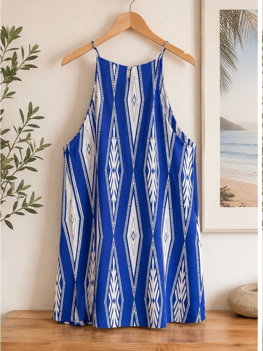 Tyche Blue and White Sleeveless Aztec Mini Dress